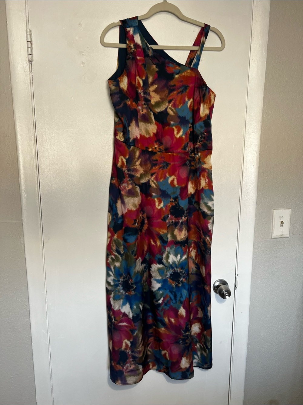 Nicole Miller One-Shoulder Floral Satin Dress in water color sz 12